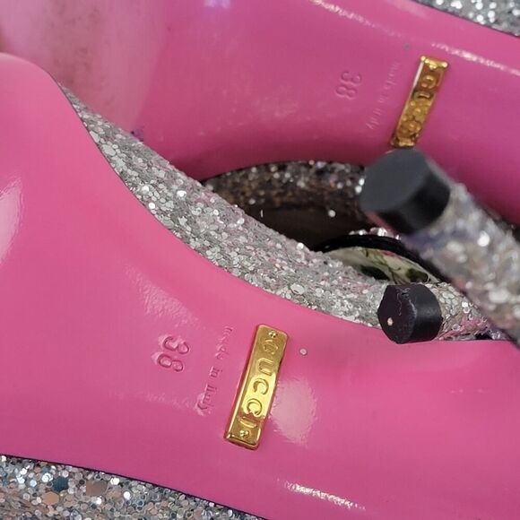 Gucci Calfskin Glitter Slyvie Mary Jane Pumps Argento Women Heels EU 38 US 7.5 - Picture 12 of 13